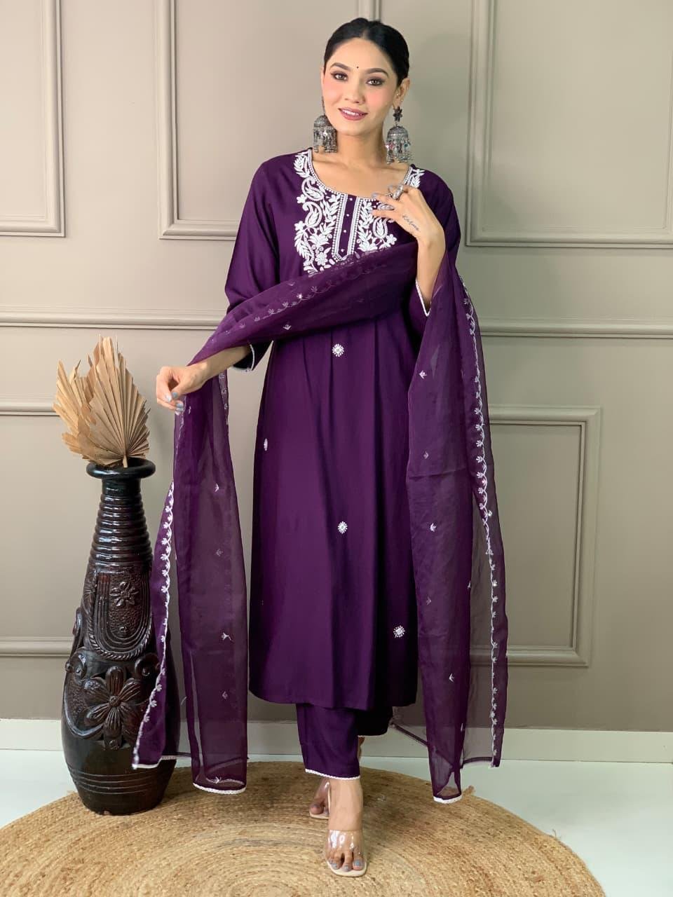 Purple Rayon Mirror Work Kurti Set